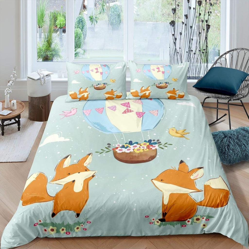 Comforter Fox Girls Cartoon Fox Bedding Set Lovely Animal Theme Comforter For Kids Teens King
