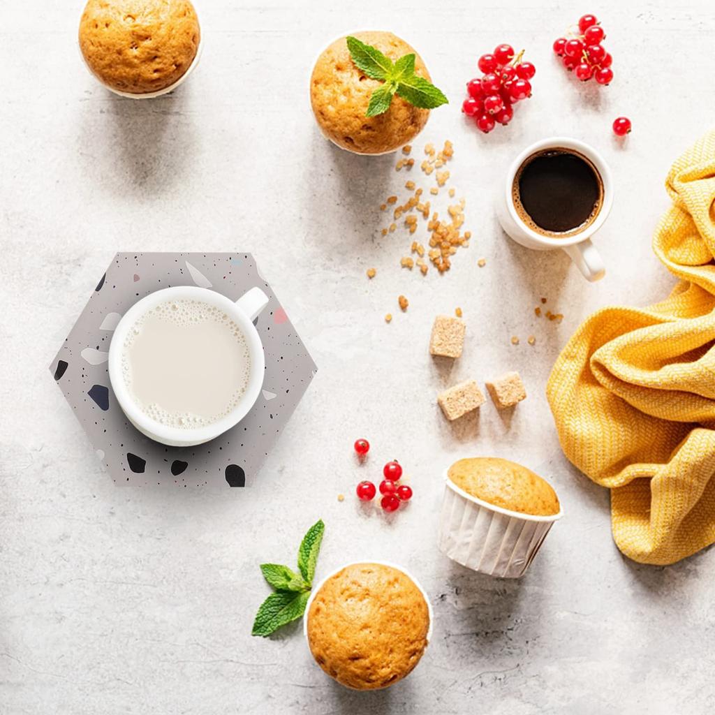 WINOMO Cork Coasters, Stylish Ceramic, Nordic Marble, Hexagonal, 6-Piece Set with Rack, Insulated, Absorbent, Quick-Drying, Non-Slip, Random Pattern