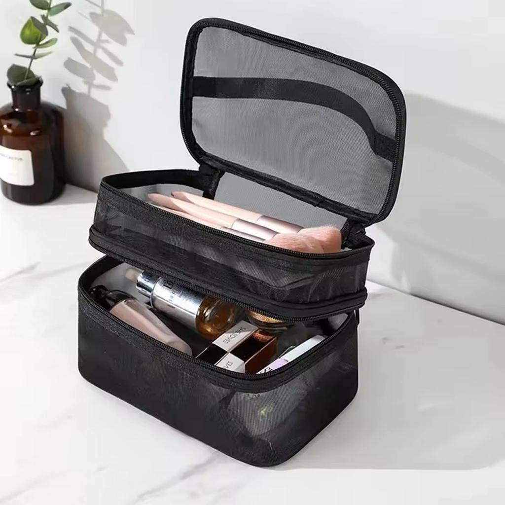 1pc-Double Layer Mesh Makeup Bag, Large Capacity Travel, Simple and Portable Toiletry Bag, Hand-held Cosmetics Storage Bag