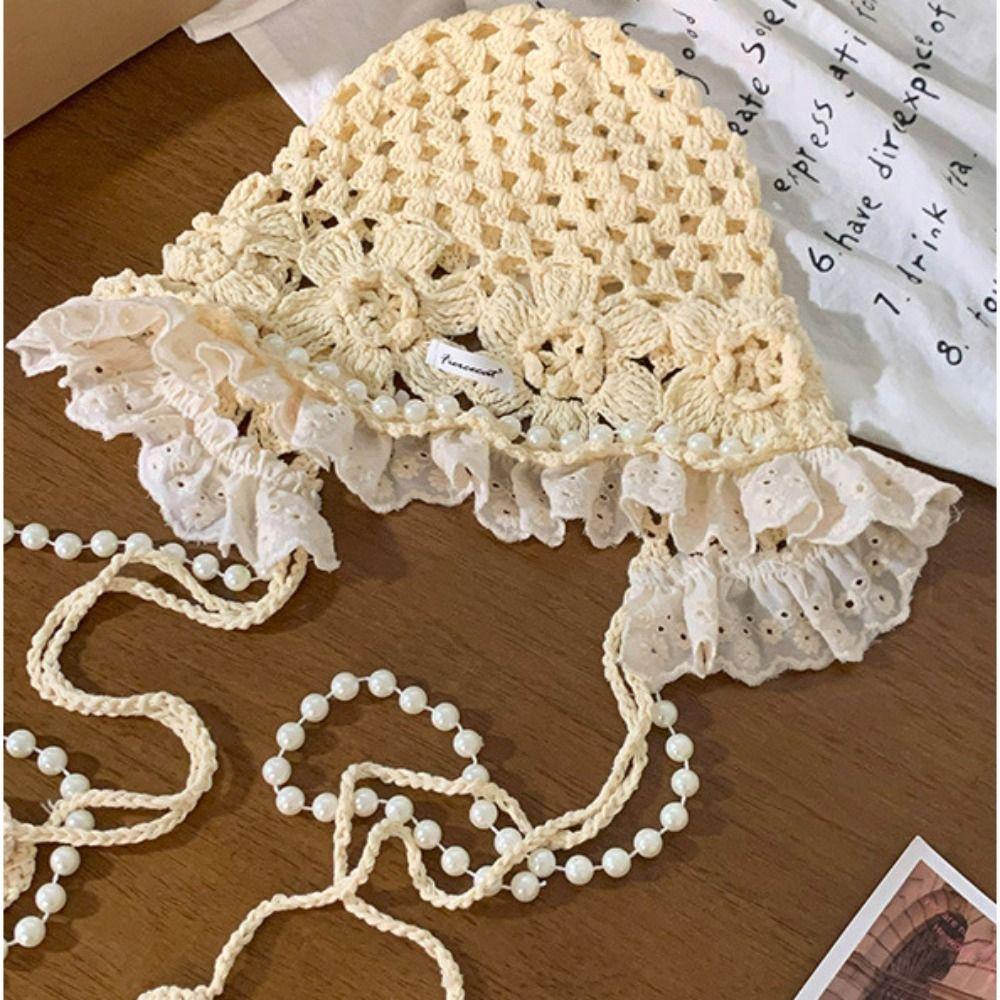 Pearl Tassels Lace Beanies Hollow Out Weave Cap Cute Ethnic Style Hat  Girls