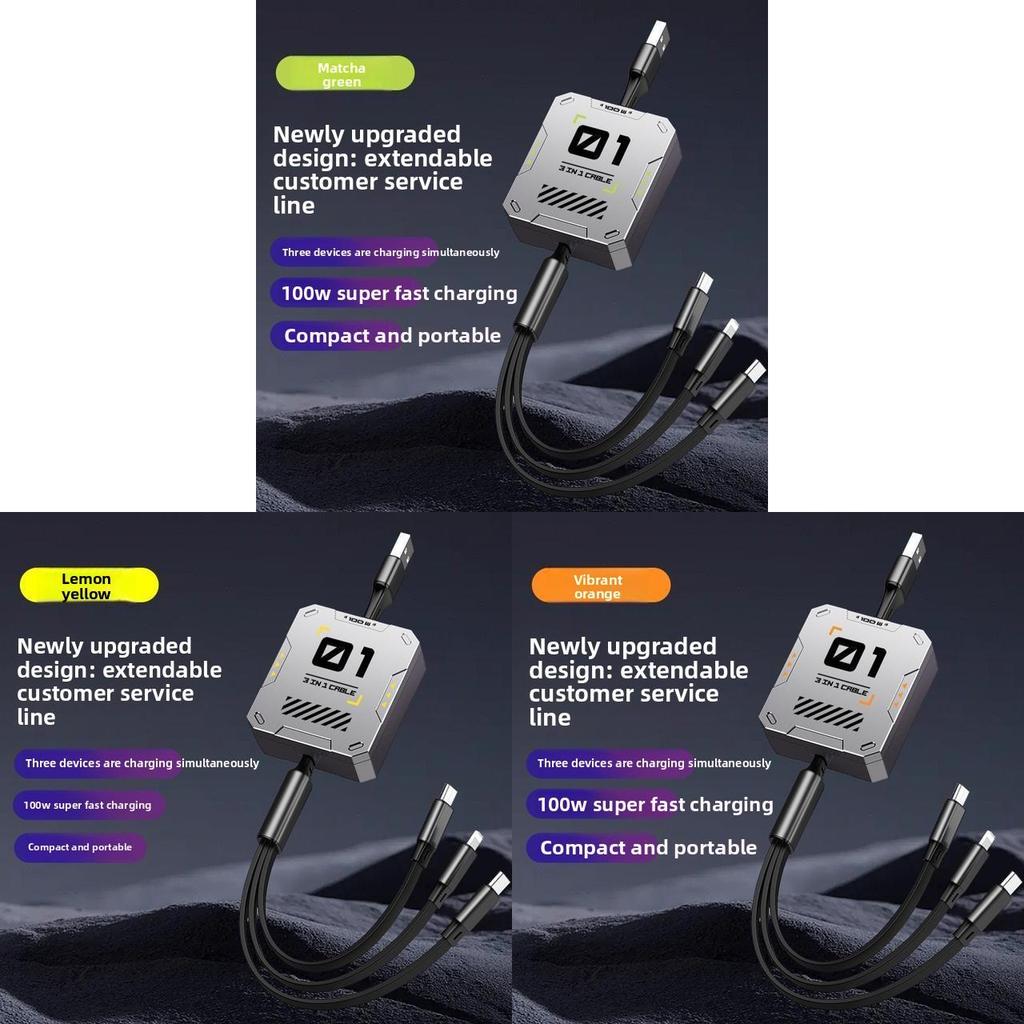 Universal 100w Fast Charging 3in1 Data Cable With Telescopic Design For Apple Huawei Android Devices