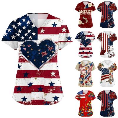 Women's Short-Sleeve Independence Day Print V-Neck Pocket Workwear Top