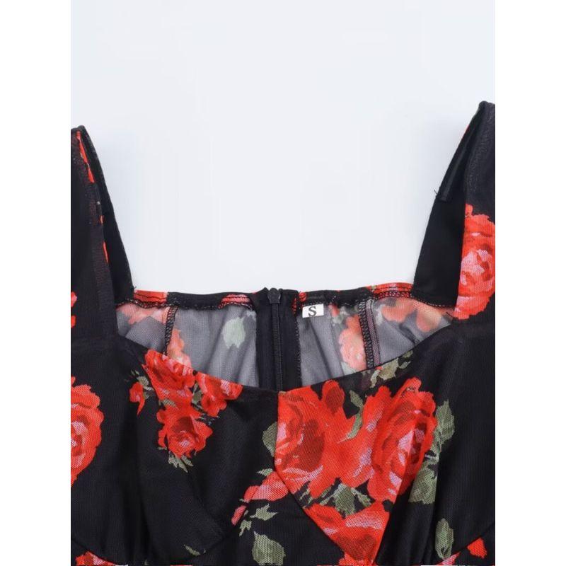 Kaslead New Arrival Women's Clothing Fashion Style Fashion Square Collar Mesh Floral Print Waist-Tight Elegant Ruffled Long Dress