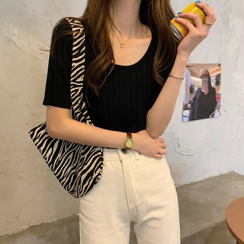 French Waist Top Summer Women's New U Neck Thin Ice Silk Knit Short Sleeve T-shirt Square Neck Short Shirt