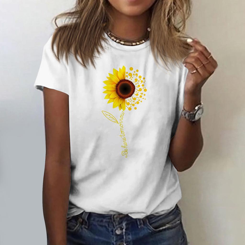 Sunflower Ladies Cute Print Short Sleeve Round Neck Front Shoulder Vintage Short Sleeve Summer Loose Shirt Top