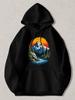 Men' & Women' Black Hooded Sweatshirt with Mountain Lake Sunset Print - Outdoor Nature Scenery Pullover Hoodie Casual Streetwear H