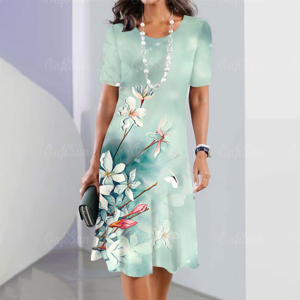 2025 Sommerurlaub Kleid mit Knitterblumenmuster elegant kurzärmlig O-Ausschnitt Kleidung Streetwear lockeres Kleid