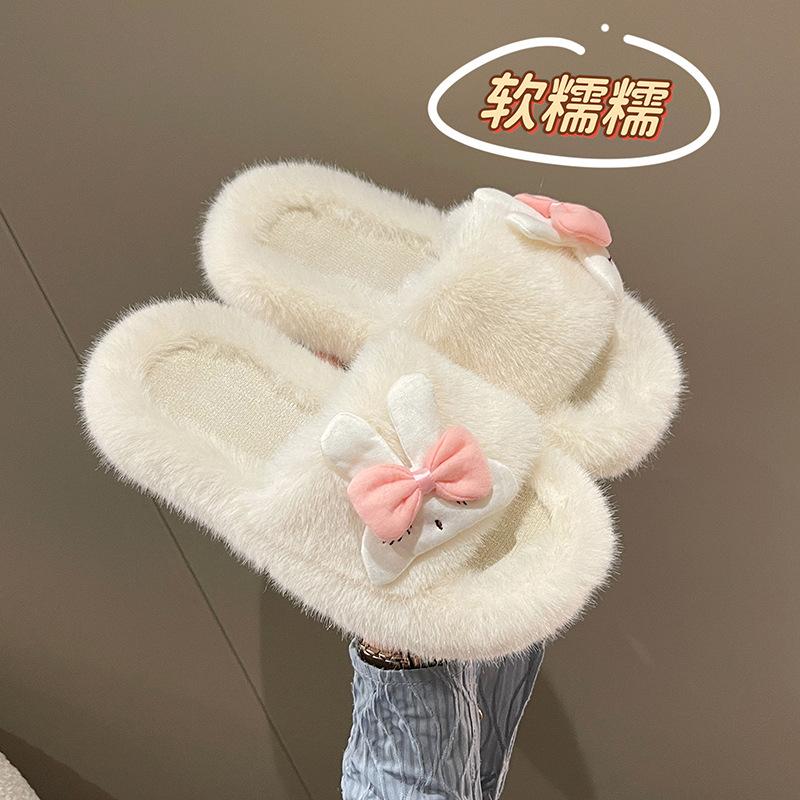 Kreskówkowe proste puszyste kapcie dla kobiet, urocze kapcie bawełniane z króliczkiem do domu, duży rozmiar, płaska podeszwa, puszysta mop