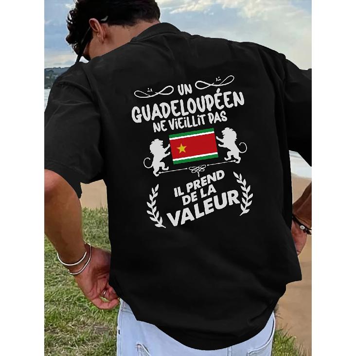Guadeloupe Flag T-Shirt with French Creole Pride Slogan & Lion Back Print - Cultural Heritage Crew Neck Short Sleeve Shirt Suitable for Casual Wear,