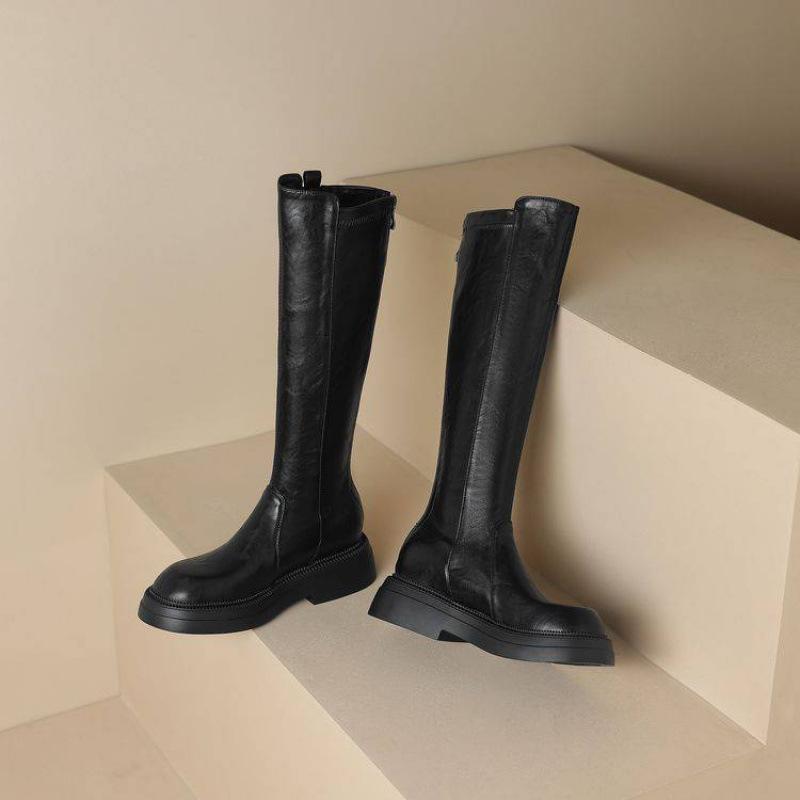 Korean version solid color rear zipper Martin boots thick-soled large-size women's boots comfortable medium heel non-slip leather boots square heel h