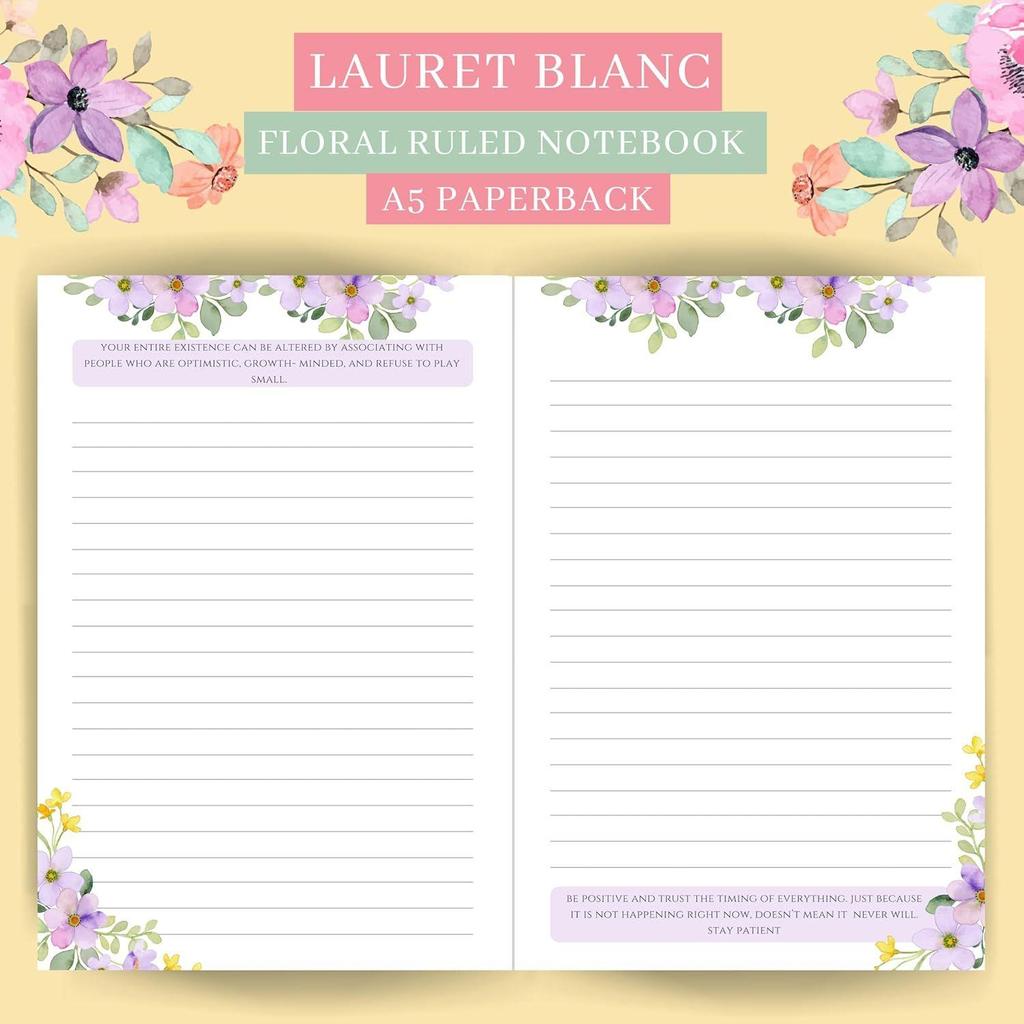 LAURET BLANC Linkovaný zápisník - Velikost A5, 144 linek, 90 g/m², Brožovaná vazba (Kvetoucí tam, kde jsi