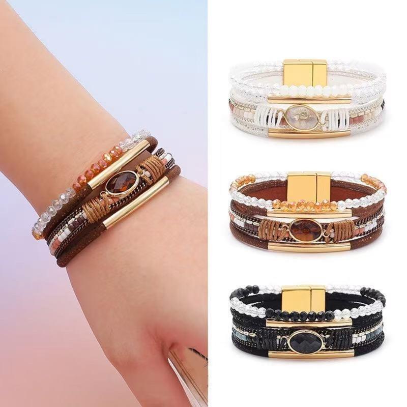 Stapelbare Kristalle Perlen Herz Lederarmband für Frauen Bohemian Handgemacht Verstellbares Armband Westliches Geschenk