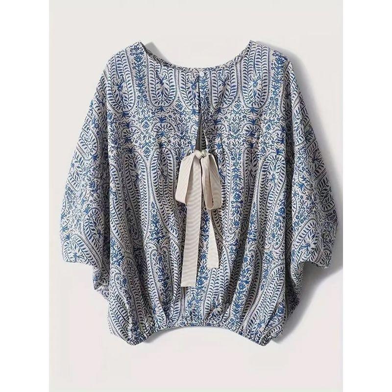 

Women Blouse Ladies Tops Summer Imitation Mulberry Silk Cotton Batwing Sleeve Back Bow Shirts Top Women Blue 3XL