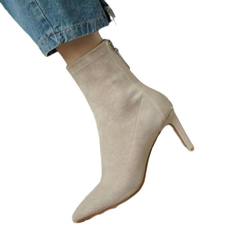 2025 autumn and winter new pointed suede splicing thin heel high heel rear zipper fashion breathable socks boots tide