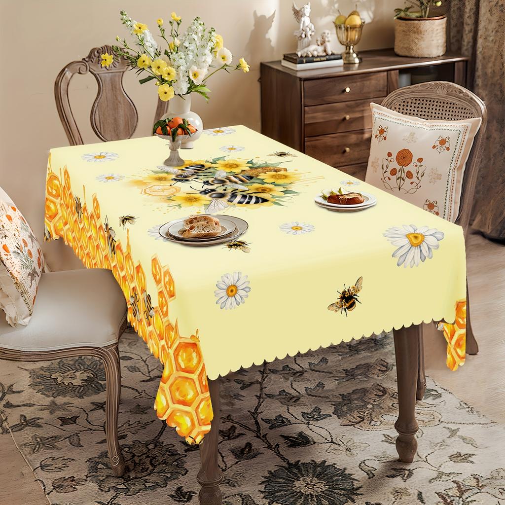 Summer Bee Daisy Printed Rectangular Tablecloth Washable Floral Kitchen Dining Table Cover for Wedding Party Decor