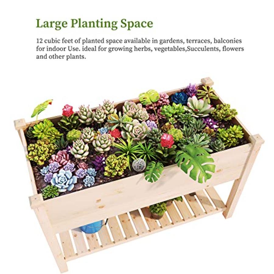 Outdoor Wood Raised Garden Bed Elevated Reinforced Large Planter Box with Storage Shelf for Vegetable Flower Backyard Patio Gar