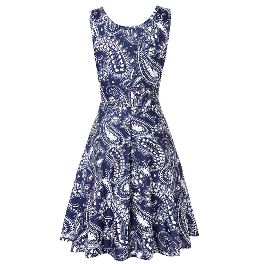 Women Casual Summer Beach Scoop Neck Sleeveless Soft Striped  A-Line Sun Dress