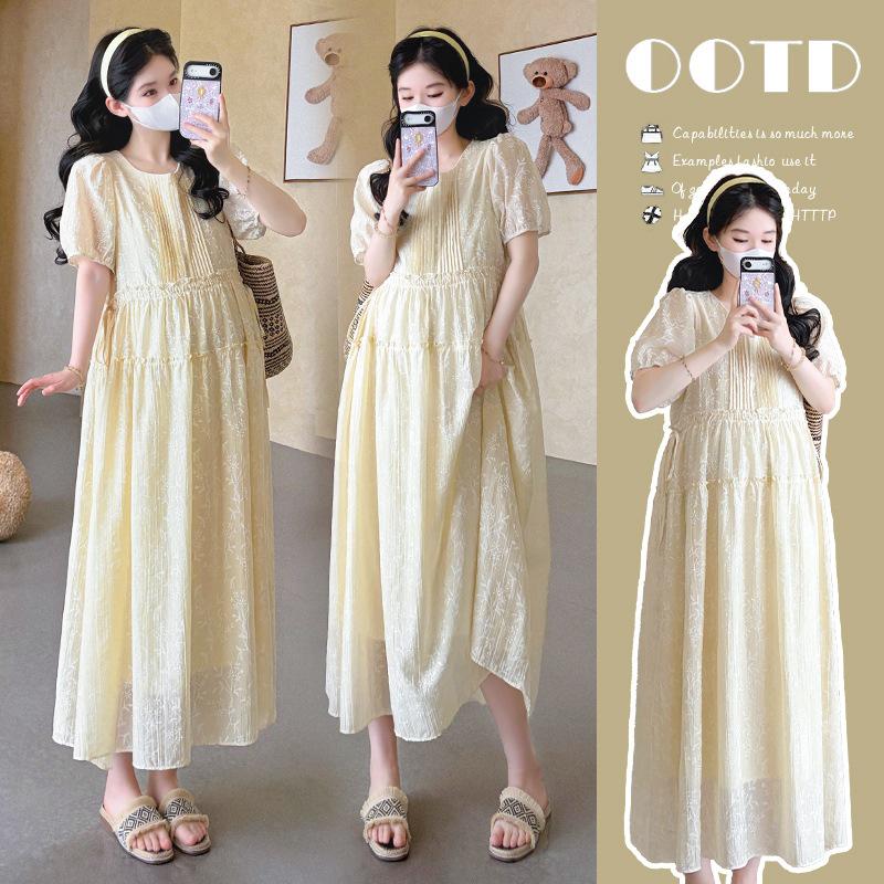 2026 Summer French Square Neck Ruched Drawstring Plus Size Maternity Dress XL