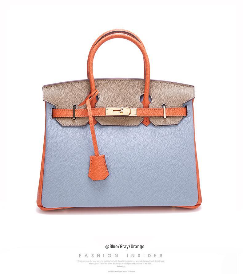 Color Block Genuine Leather Platinum Bag: Large Capacity Togo Cowhide Handbag with Lock - Fashion Shoulder Crossbody