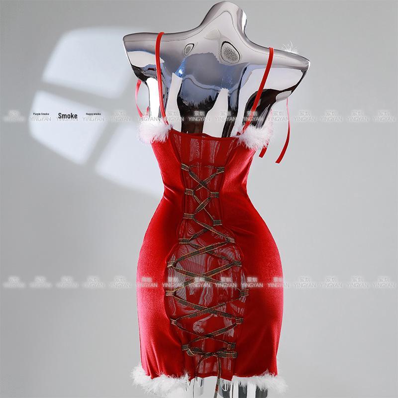 Seductive Red Christmas Lingerie Set - Sheer, Tight-Fit, Teasing Role Play Costume 0936