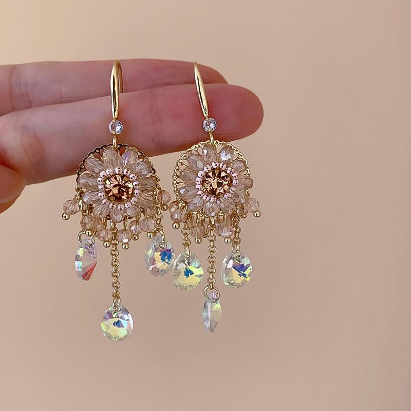 Sophisticated Water Crystal Drop Earrings With Floral Design For Women GoldPink