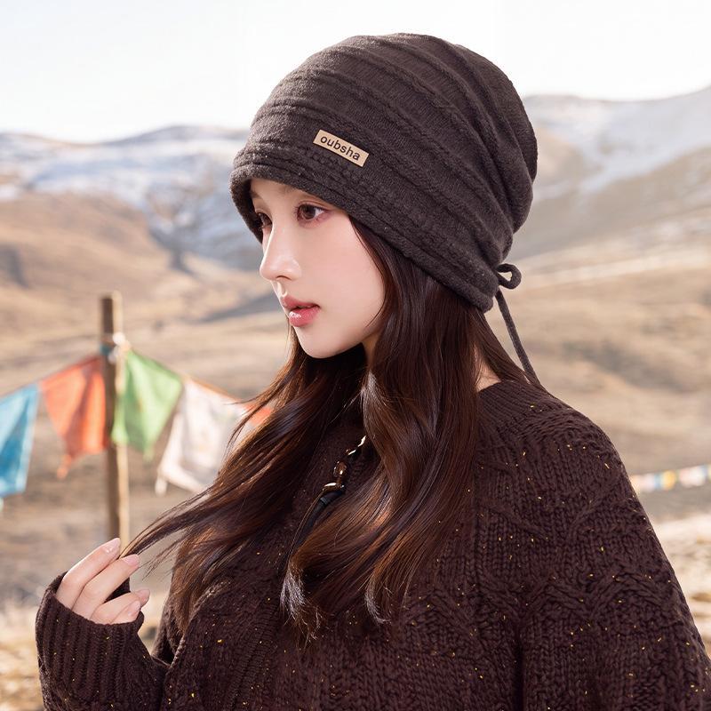 Autumn and Winter Drawstring Knitted Stacking Hat Adjustable Ear Protection Versatile Headgear Outdoor Travel Warm Hat Women's