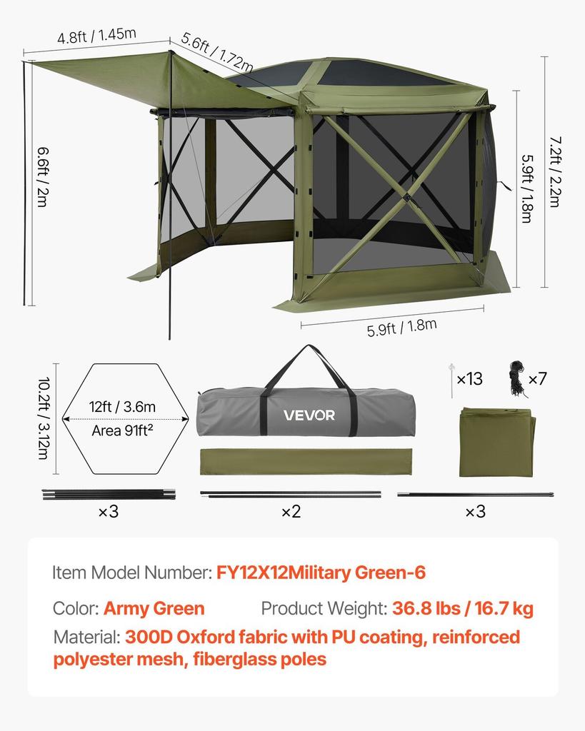 Pop up Gazebo Screen Tent, 3.6 x 3.6 m Large 6-Sided Camping Canopy Tent with Removable Top & Carry Bag, Quick-Set & Bite-Proof, Screen House Sun