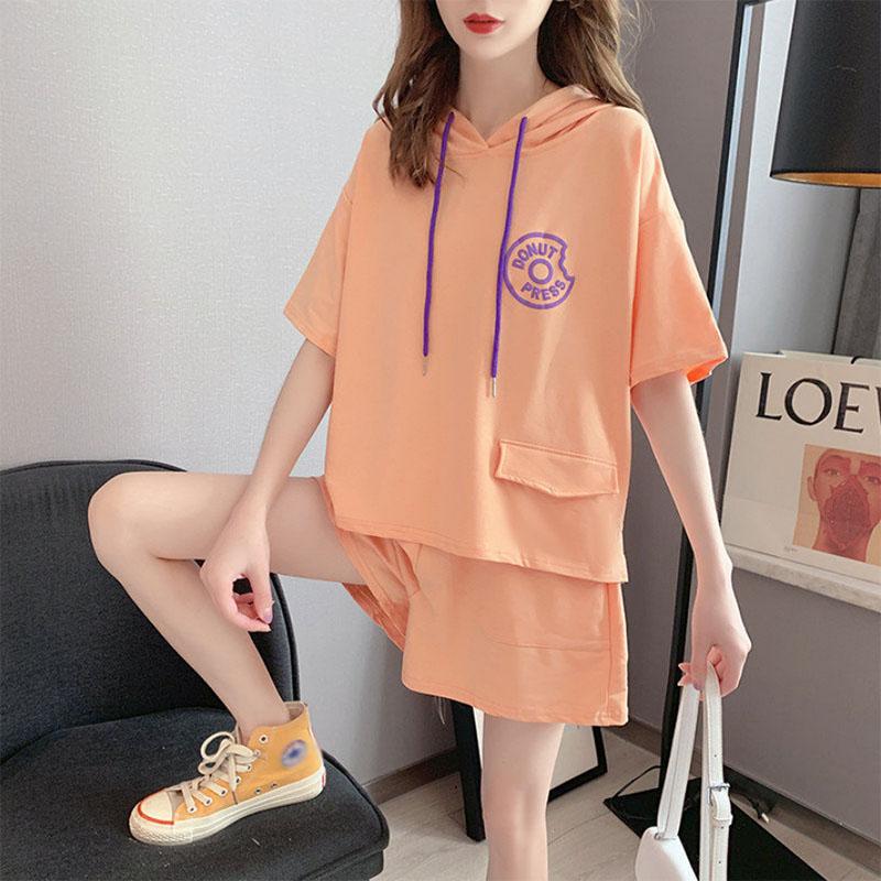 Women Loose Fit Summer Casual Hooded Short-sleeved Sweater Hoodie Sports Shorts Two-piece Fashion Suit