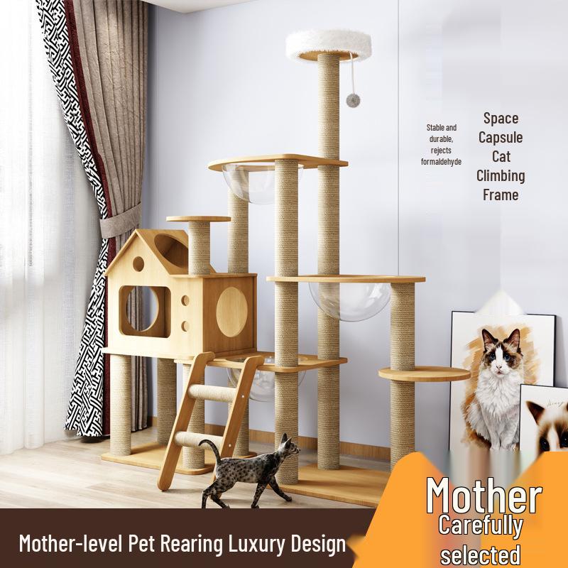 Solid Wood Large Cat Tree with Space Capsule and Jumping Platform