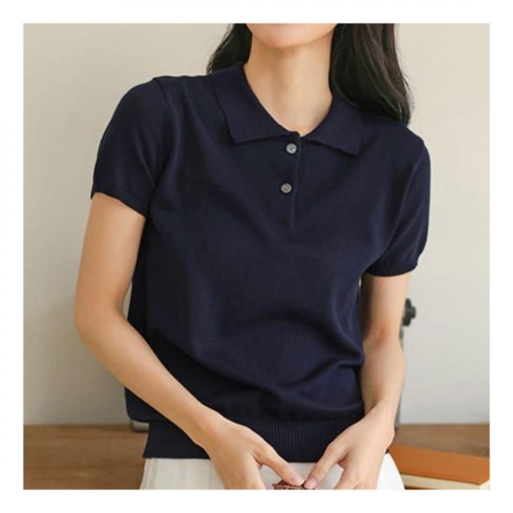 Navava Simple Daily Solid Color Collared Short Sleeve Knit Nk2008