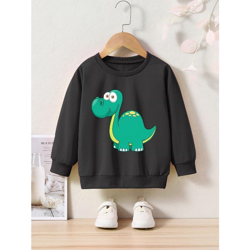 Kids Dinosaur Graphic Crew Neck Sweatshirt - Casual Pullover with Applique, Regular Fit, Slight Stretch - Perfect for Spring/Fall Season