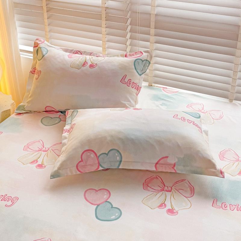 Romantic Love Bow Pattern Fitted Sheet Set Skin-friendly Breathable 3Pcs Mattress Cover with Elastic Band Queen Size Bedding Set