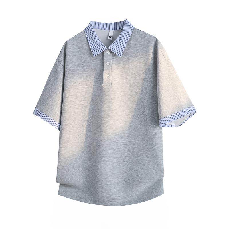 

Fake Two-piece Lapel Short-sleeved POLO Shirt Loose Plaid Collar Color-blocked Casual Half-sleeved T-shirt Top 2XL серый