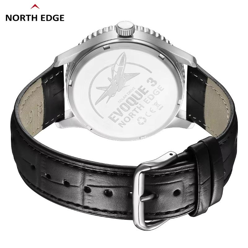 NORTH EDGE EVOQUE 3 Pilot Series Watch For Men Aviation Military Solar Powered Watch Leather Strap Luminous Stainless Steel Case