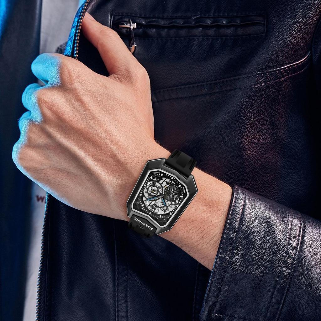 Trendy Unique Skeleton Mechanical Watches Rubber Strap Sports Wrist Watch Creative Square Hollow Automatic Mechanical Watch