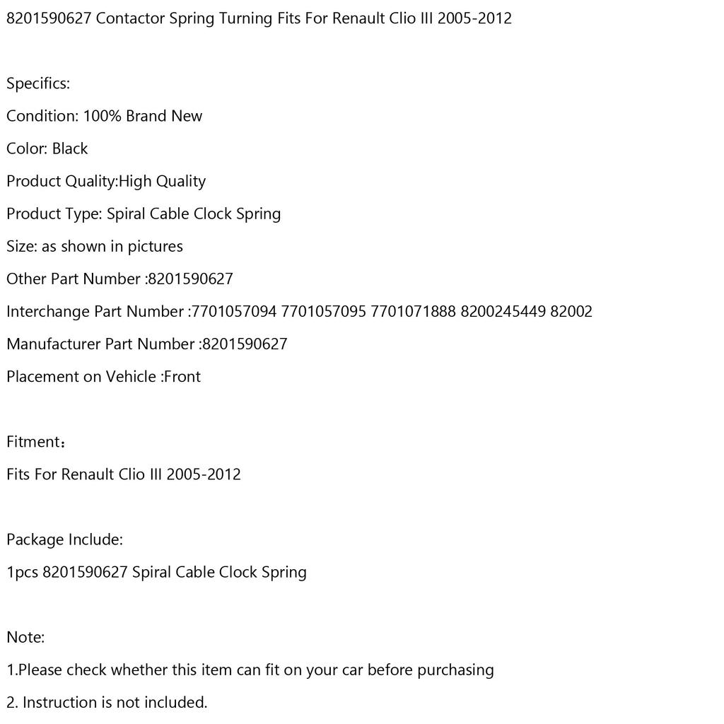 8201590627 Contactor Spring Turning Fits For Renault Clio III 2005-2012