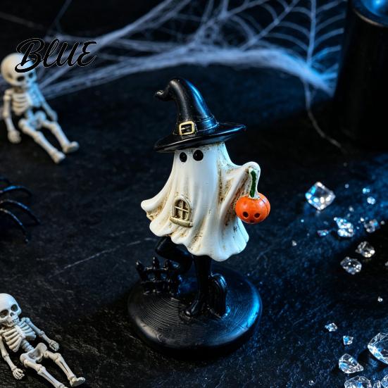 Spooky Halloween Desk Ornament Ghost Resin Figurine  Vintage Cute Holding Sturdy Statue Pumpkin Lantern for Indoor Home Table Decor Realistic Craft