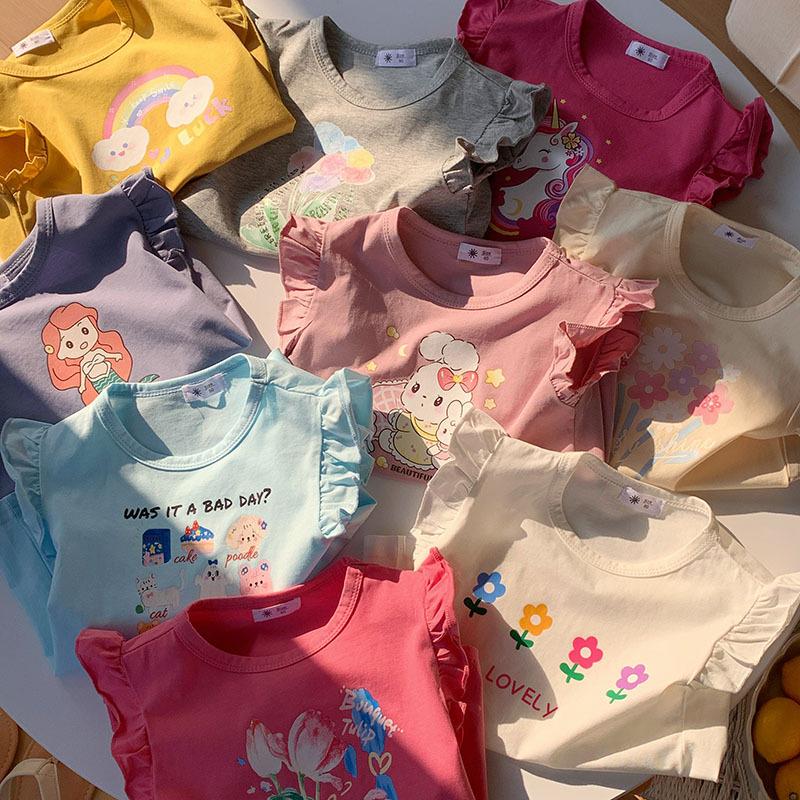 Summer New Kids Ruffle Sleeve Short Sleeve T Shirt Boys Girls Cartoon Print Casual Top Baby Fashionable Trendy