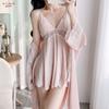 New light luxury ice silk suspender nightdress women's spring and autumn lace nightgown two-piece set pure desire wind sexy with chest pad home