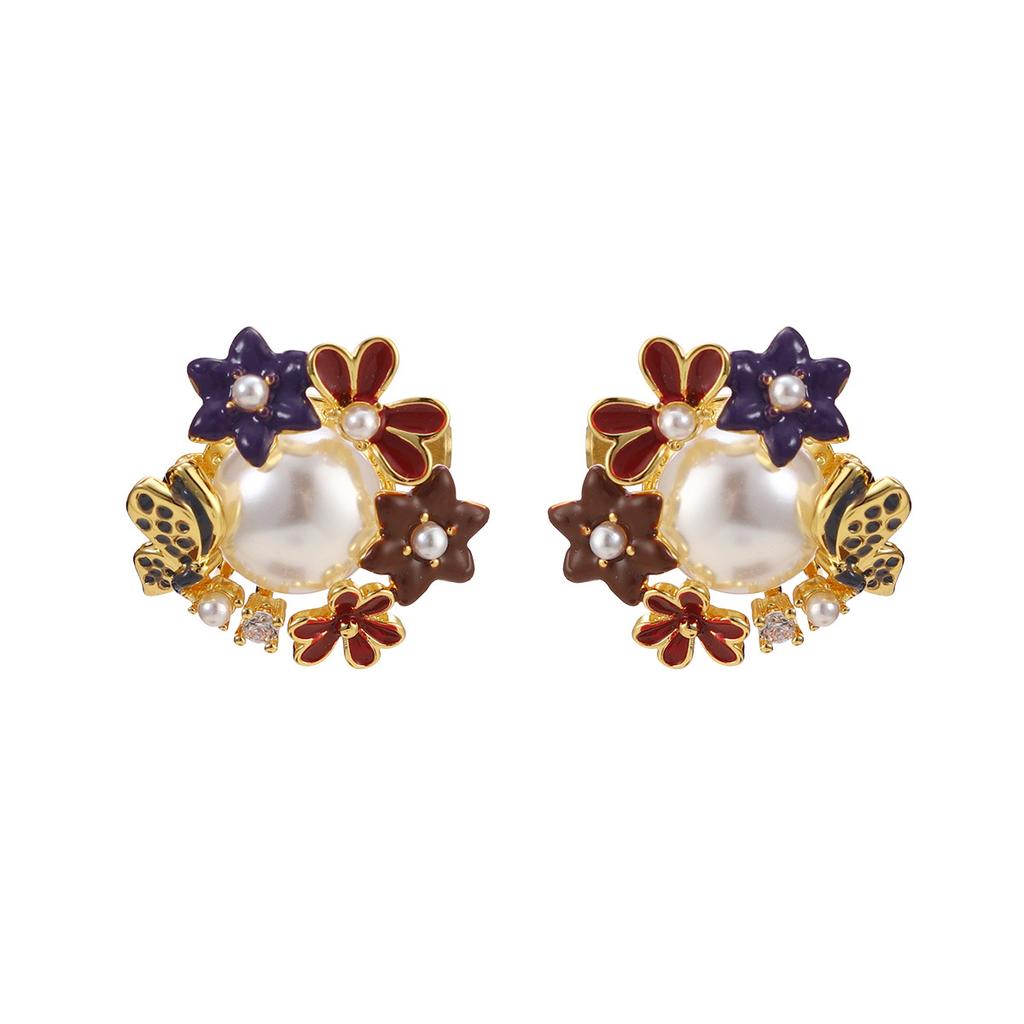 Three-dimensional Fashion Enamel Glaze Powder Purple Flower Bow Bell Spring and Summer Stud Earrings Long Fringed Silver Needle Earrings