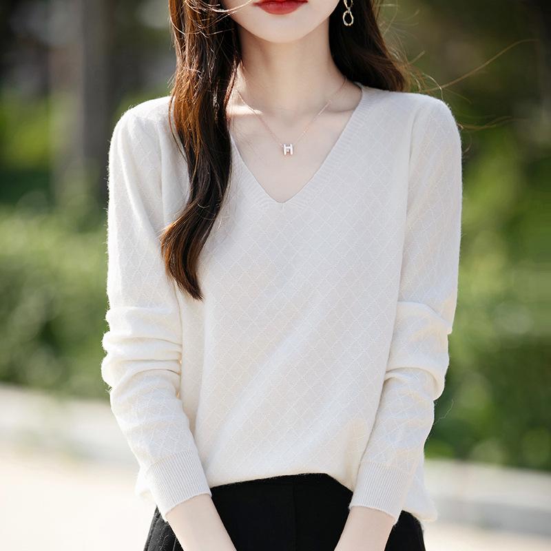Autumn 2024 Women's Knitted V-Neck Sweater - Long-Sleeved Velvet Prismatic Korean Style
