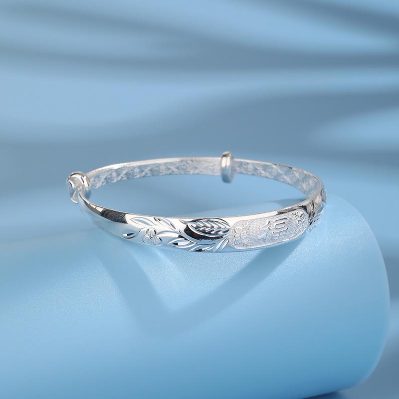 China-Chic National Style S990 Full Silver Bracelet Fu Word Bracelet Sterling Silver Women's Simple Temperament Silver Jewelry Queen's Day Gift