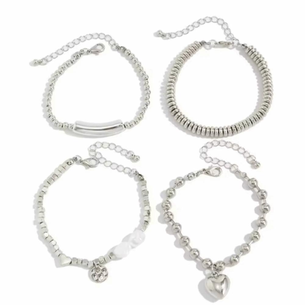 Silver Heart Pendant Bracelets Beaded Metal Hand Chain Trendy Imitation Pearl Bracelets  Gifts