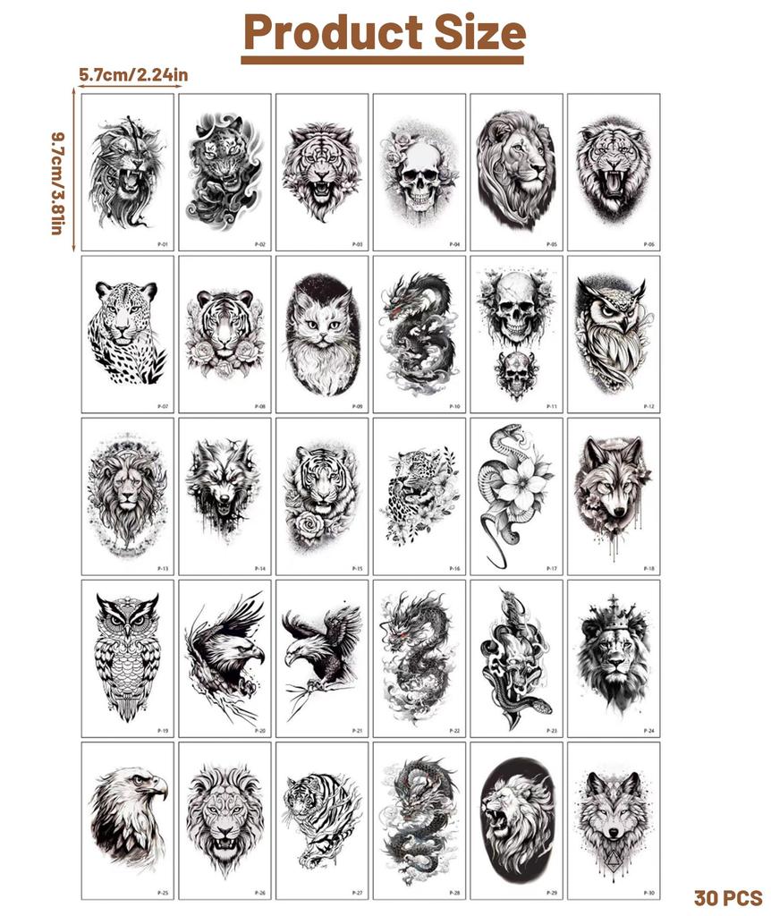 30 Sheets Temporary Tattoo For Men Hand, Beast Themed Tattoo Stickers, Waterproof Body Art For Music Festivals And Sports Activities, Animal Desi
