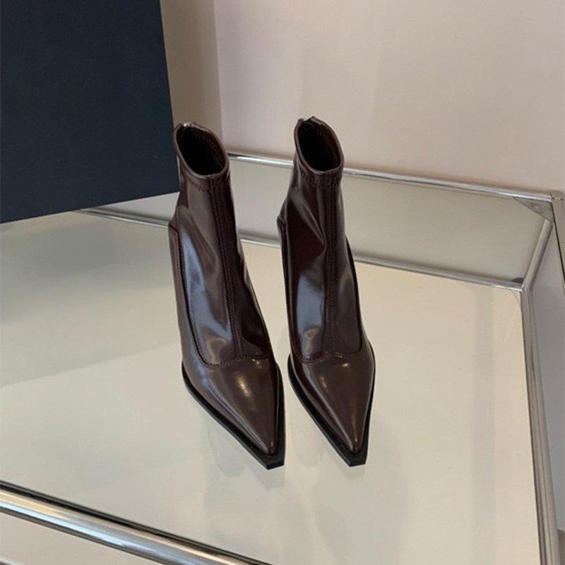 

Остроносые короткие ботильоны на высоком каблуке, европейские и американские ботильоны с разрезом на тонком каблуке, тонкие ботильоны, коричневые короткие ботильоны 35 коричневый