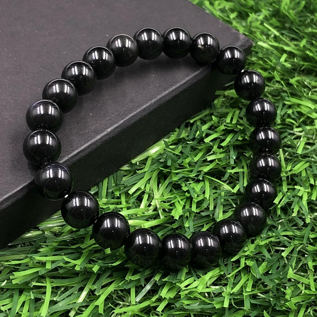 8mm Natural Black Onyx Gemstone Beads Stretch Bracelet 7.5" Handmade Pure Black Stone Bracelet For Men/Women RBB-63