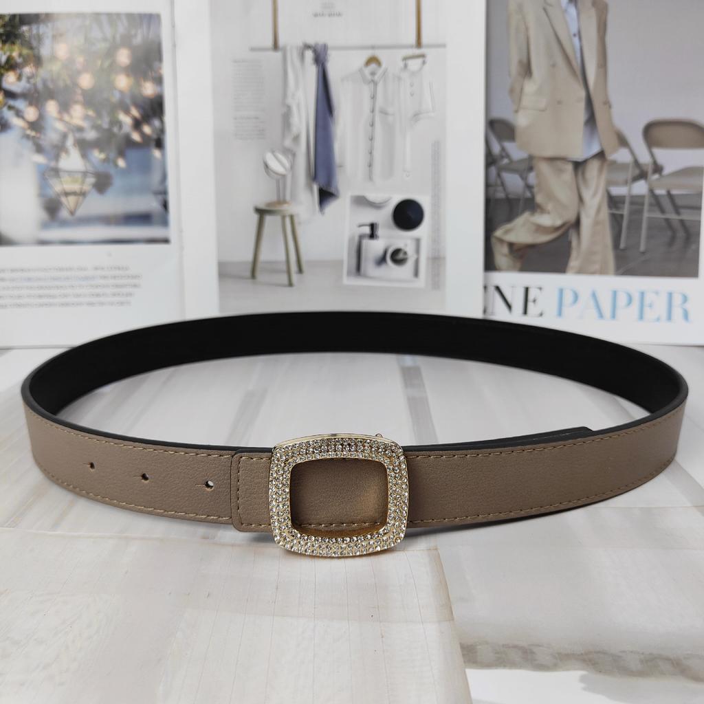 New Color Lychee Pattern Cowhide Belt Women'S Square Diamond-Encrusted Smooth Buckle Simple Jeans Belt