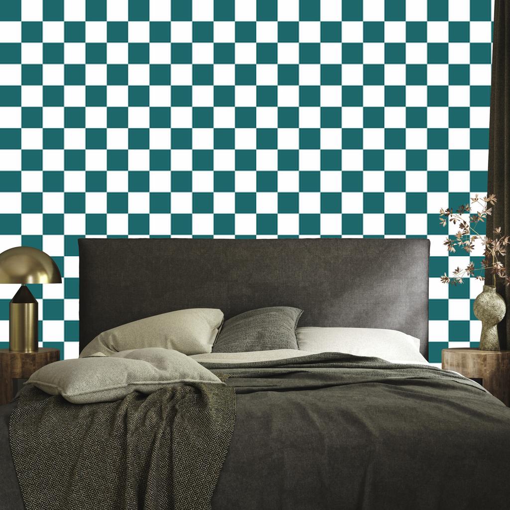 Checkerboard wallpaper turquoise and white, turquoise background 50x1000