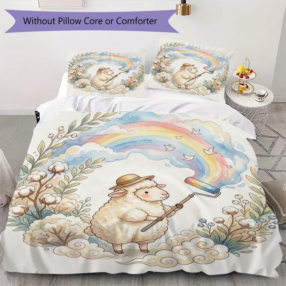 Watercolor Sheep Pattern Bedding Uilt Set Uilt Cover Pillowcase Home Decoration Birthday Gift (1 * Duvet Cover + 2 * Pillowcase Without Core)