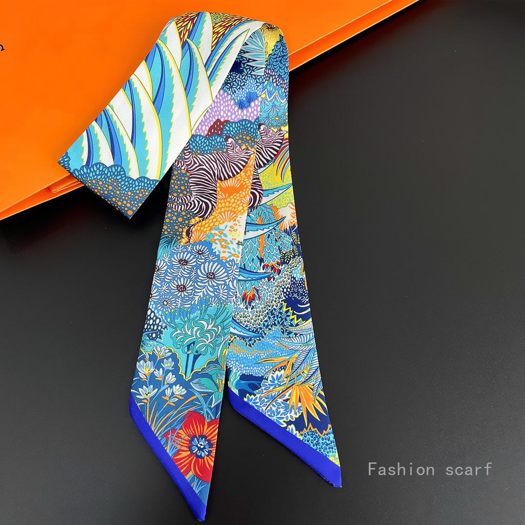 Korean Style Botanical Jungle Horse Print Twill Silk Scarf Women's Long Strip Ribbon Hair Band Neck Tie Accessories